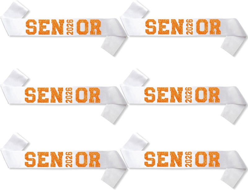Partyprops 6Pcs White Senior 2026 Satin Sashes with Orange Glitter Letters Senior 2026 Decorations - 2026 Graduation Celebrations Sashes - Senior Cheer Sash - Cheerleader Sash - Class Competition Sashes - Image 1